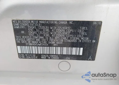 2010 Toyota Rav4 Base V6 из США, поврежденный, VIN 2T3BK4DV5AW034934